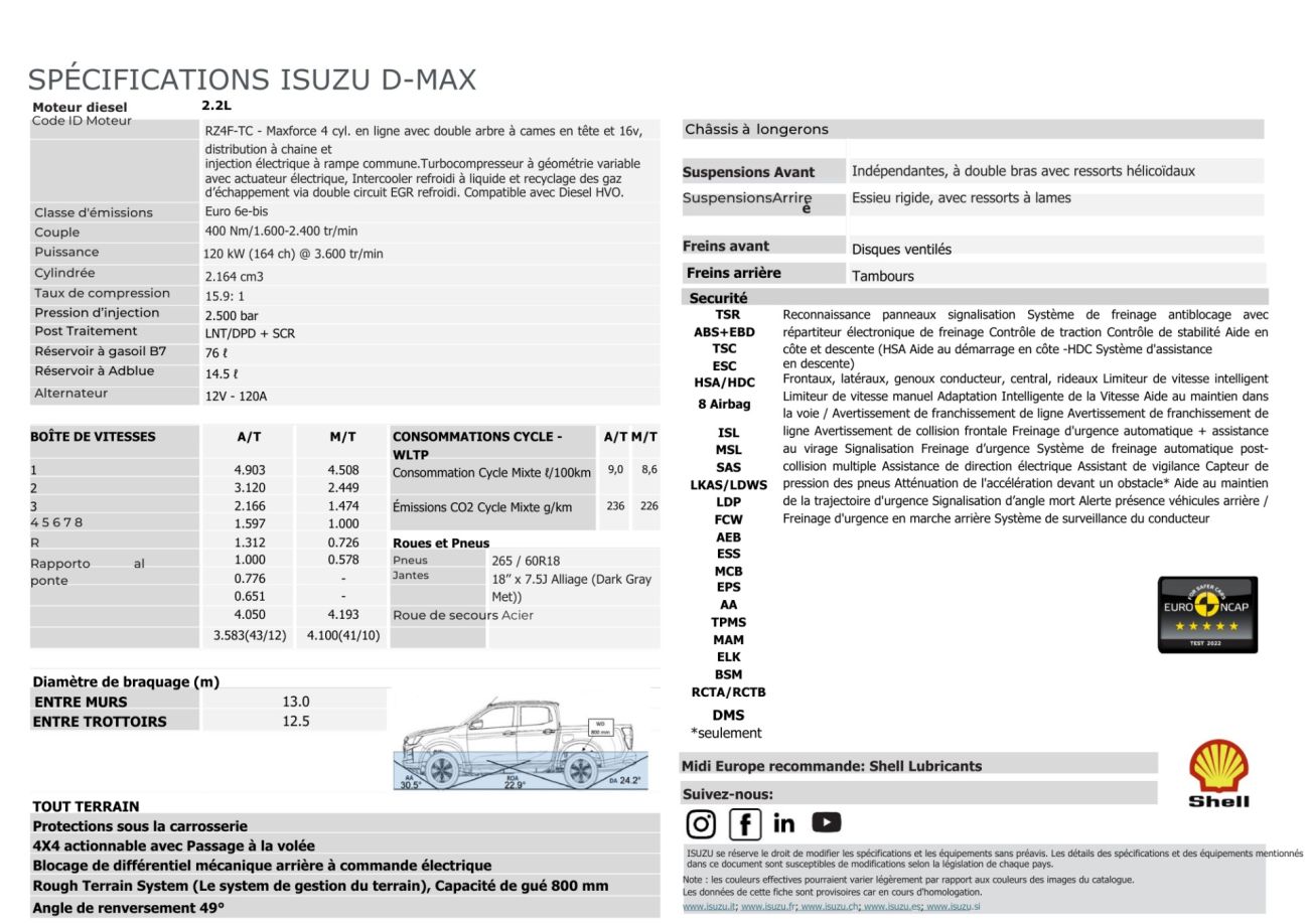Mandataire ISUZU D-MAX NOUVEAU  2.2L CREW NITRO SPORT