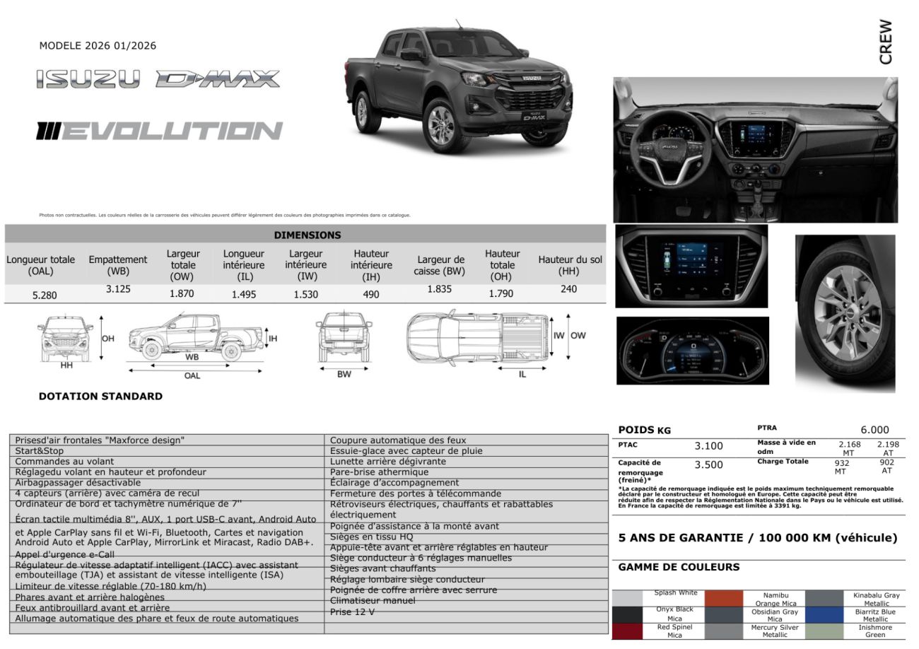 Mandataire ISUZU D-MAX NOUVEAU 2.2L CREW EVOLUTION BVM6